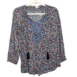 Mason & Belle Ditsy Floral Boho Embroidered Top with Tassels Size Medium